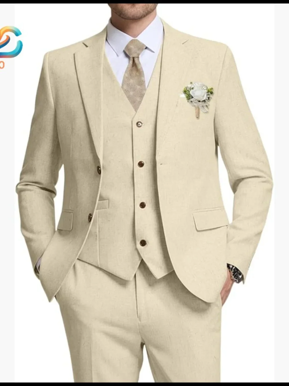 Slim Fit Linen Suit 3-Piece Jacket Vest Pants Wedding Casual Business